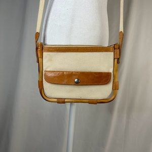 Vintage Slim Beige Tan Canvas Bamboo Frame Shoulder Mini Bag